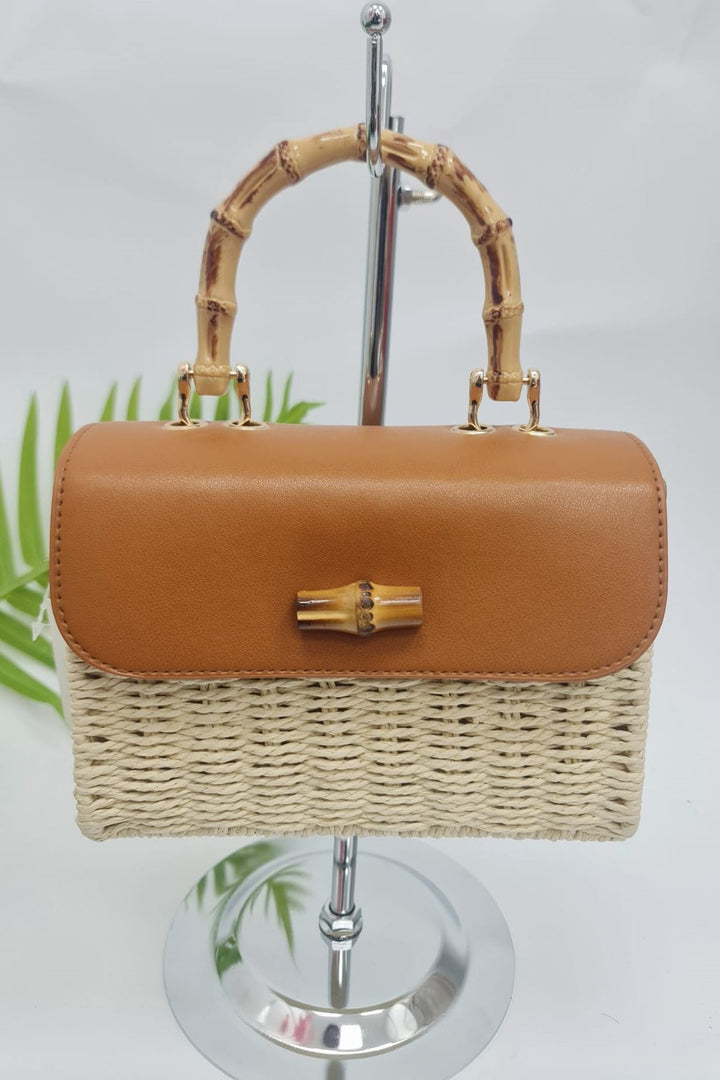Straw Bamboo Handle Hand Bag