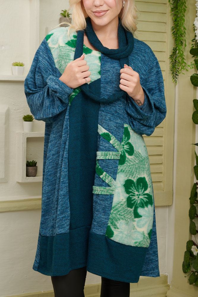 Floral Patch Print With Scarf Knitted Viscose Top