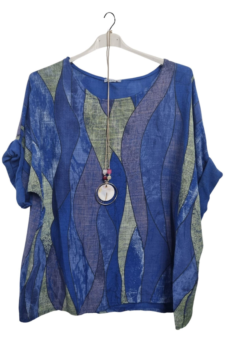 Vertical Waves Print With Necklace Cotton Top