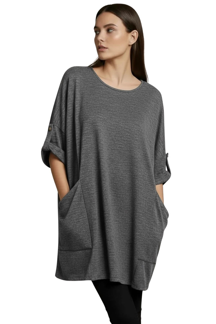 textured front draped pockets top
