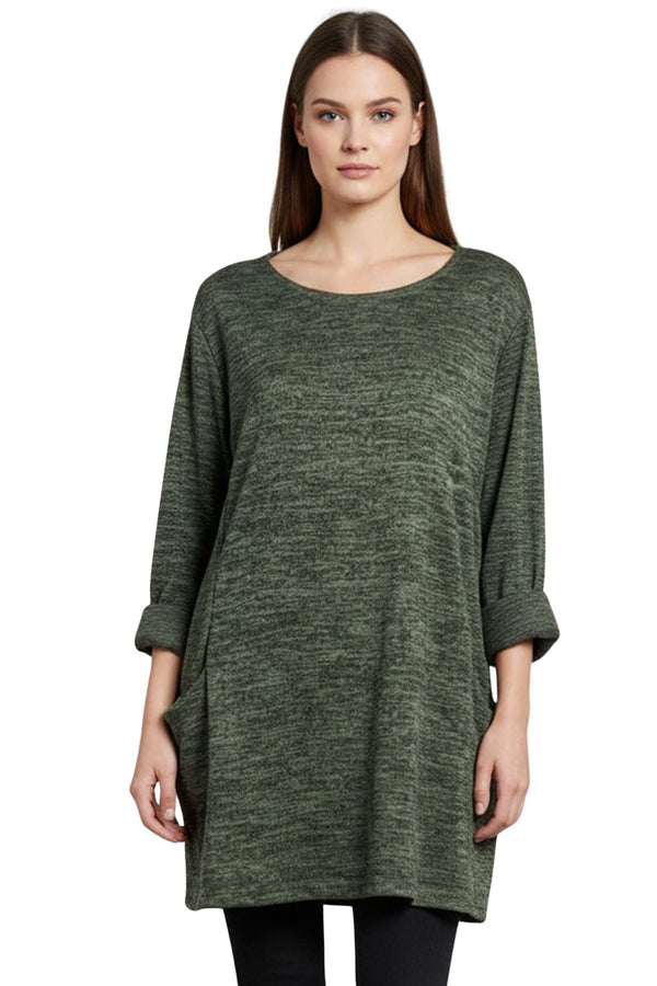 Subtle Heathered Textured Two Front Draped Pockets Top