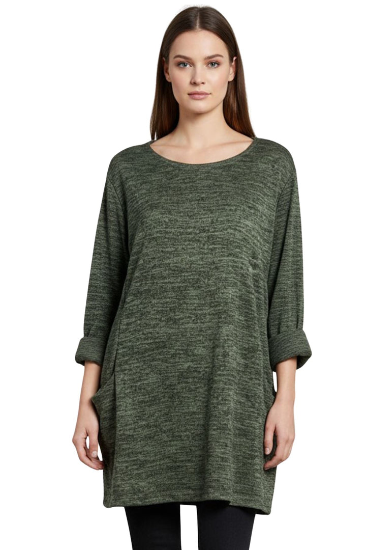 subtle heathered textured two front draped pockets top
