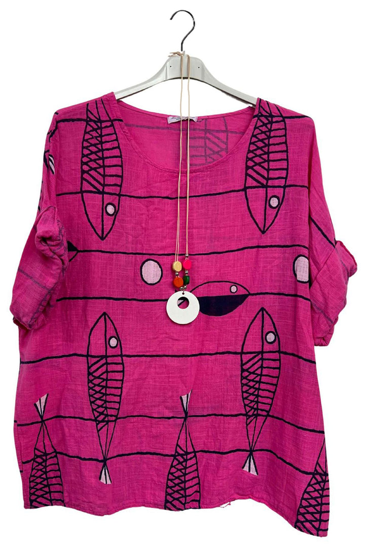 Abstract Fish Print Cotton Tunic Top