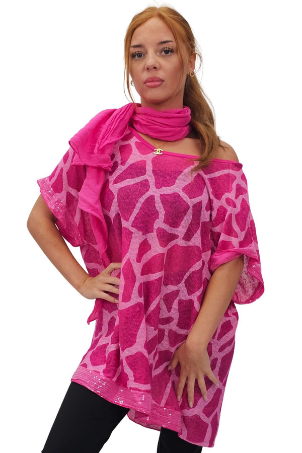 Giraffe Print Sequin Detail Hem With Scarf Box Top