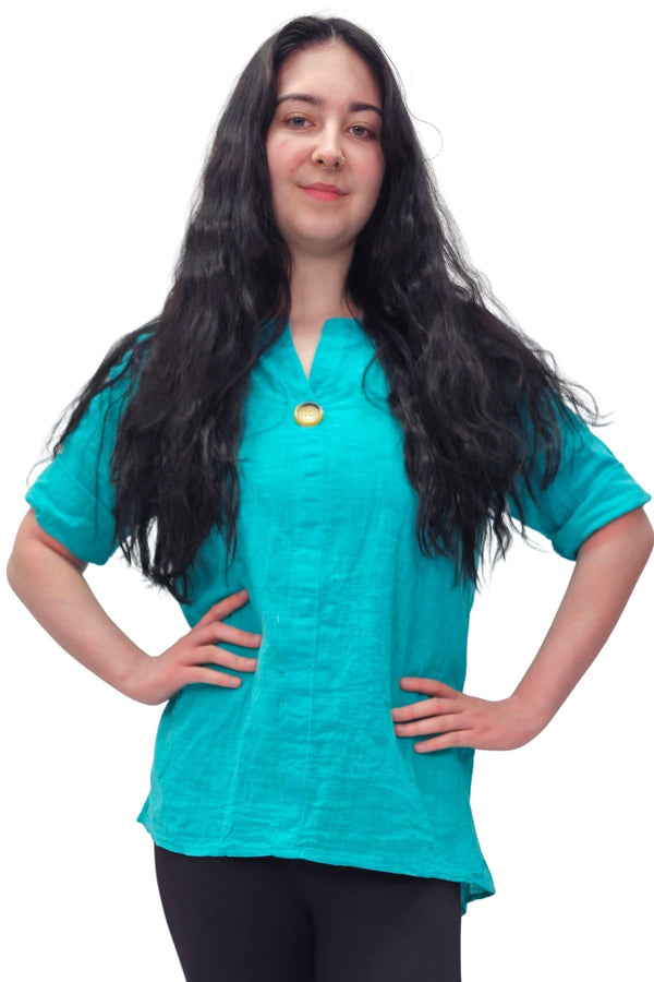 Plain A Single Button Closure Cotton Top