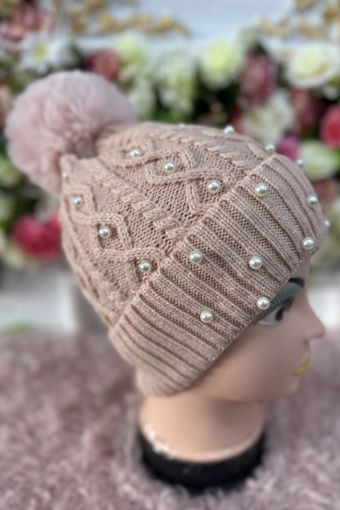 Beanie Cable Knit Pattern Pearl PomPom Acrylic Hat