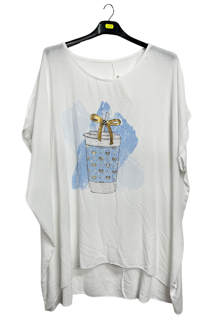 Splash Drink Glass Print Asymmetrical Hemline T-Shirt