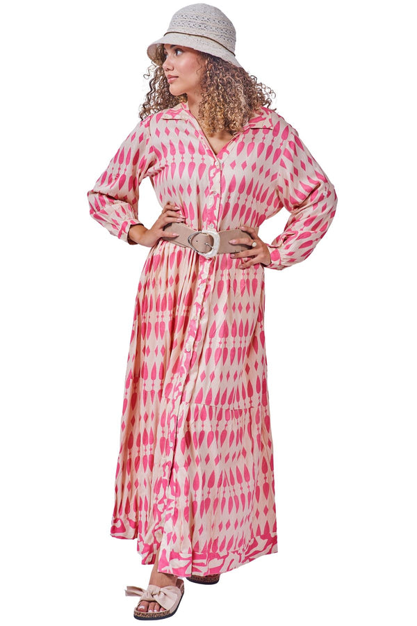 Repeated Drop Leaf-Shaped Pattern Shirt Style Button-Down Dress