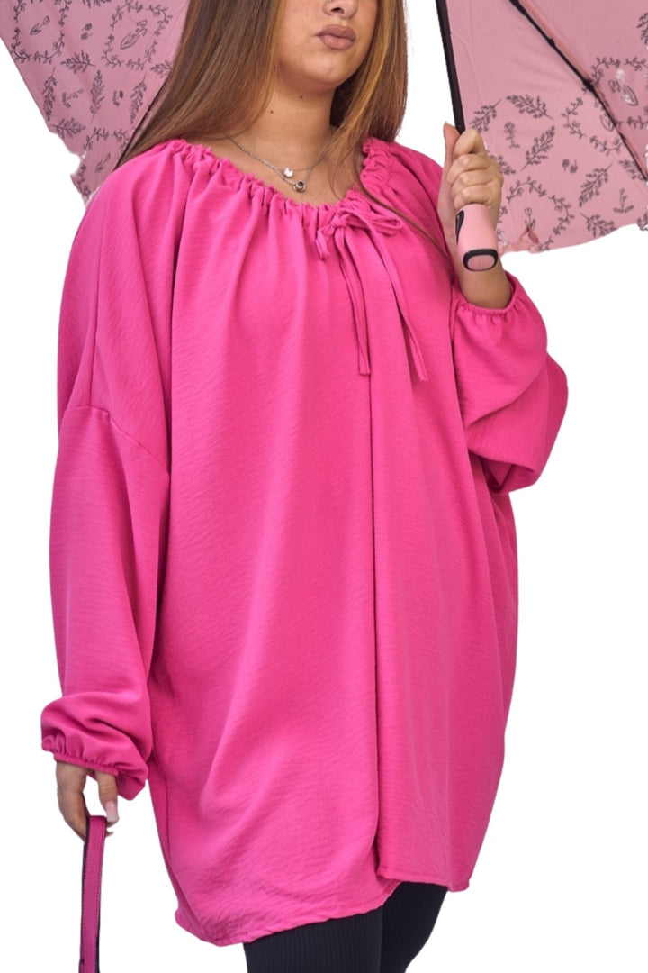 Plain Oversized Drawstring Neckline Top