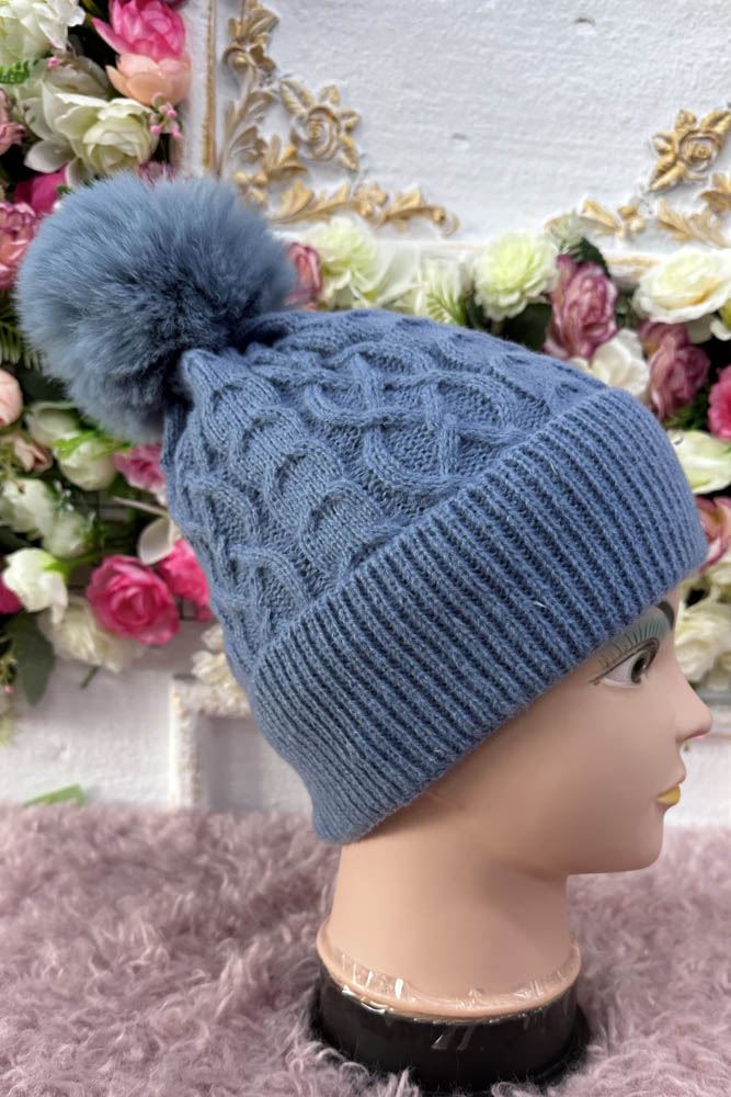Beanie Cable Knit Pattern PomPom Acrylic Hat