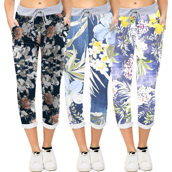 Cotton Tropical Floral Print Drawstring Trousers