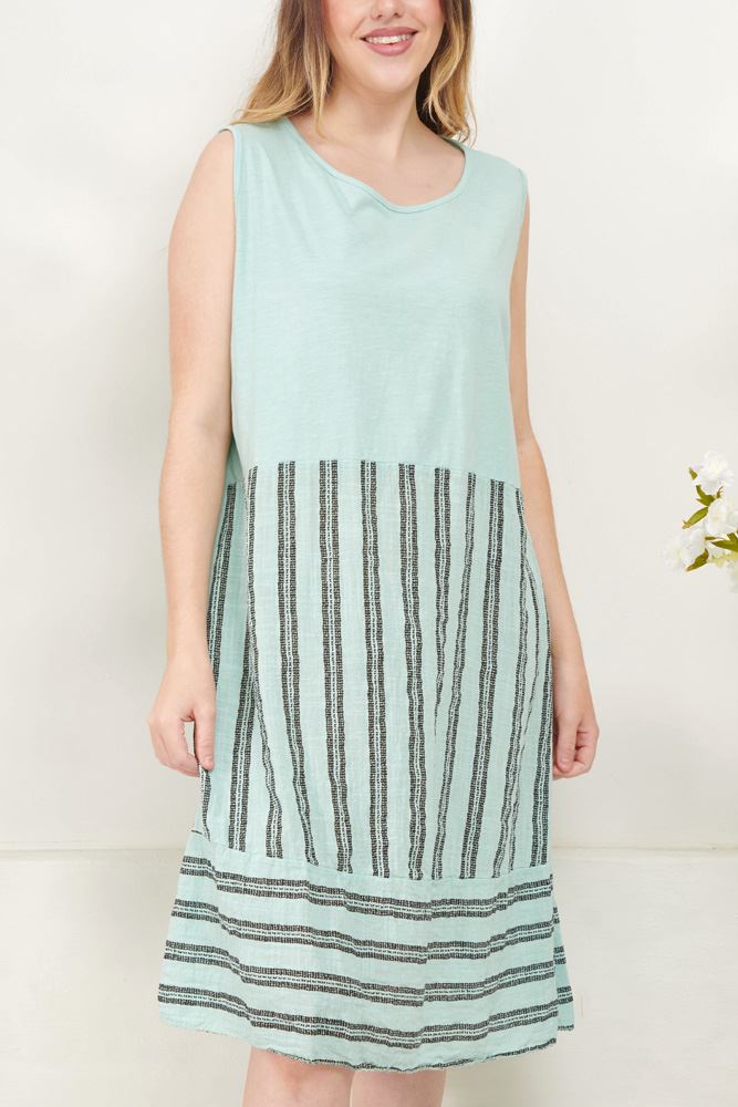 Stripe Print Pleated Hem Cotton Dress