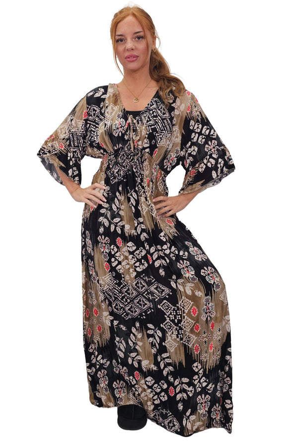 Leaves Print Gathered Waist Dress