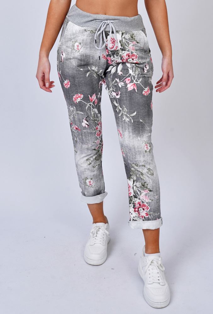 Rose Flower Print Drawstring Cotton Trousers
