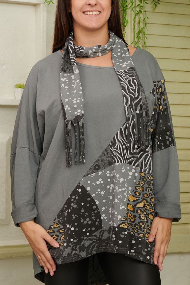 Leopard Patch Print With Scarf Cotton Top