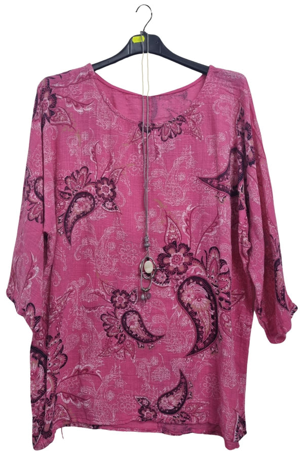 Floral Paisley Print Necklace Tunic Cotton Top