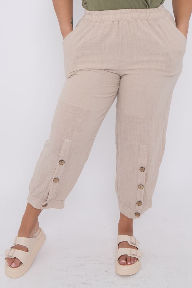 Plain Button Detail Hem Cotton Trousers