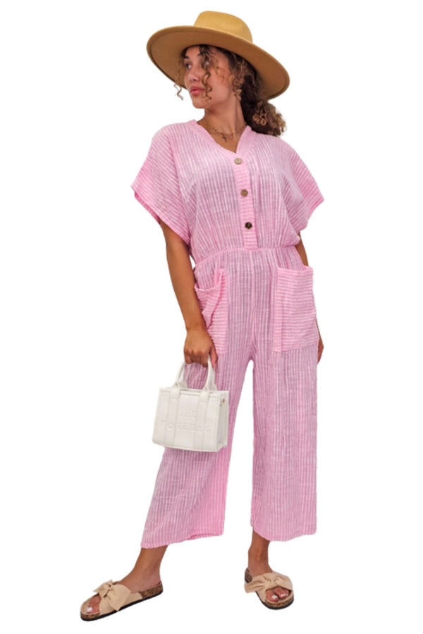 Stripe Print Elasticated Waist Two Front Pockets Cotton Jumpsuit
