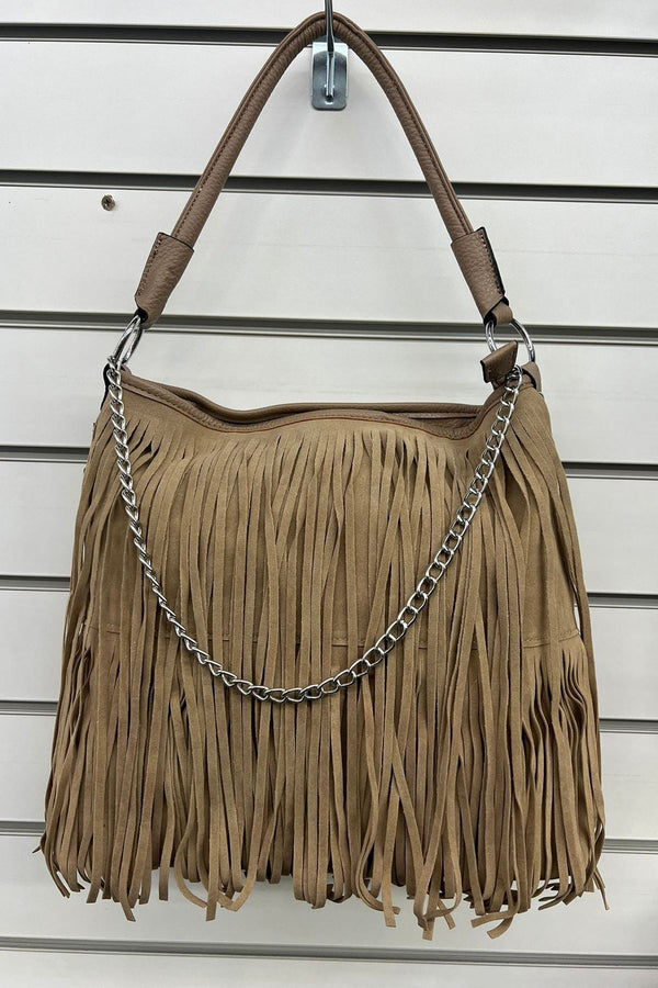 Chain Detail Faux Suede Fringe Shoulder Bag