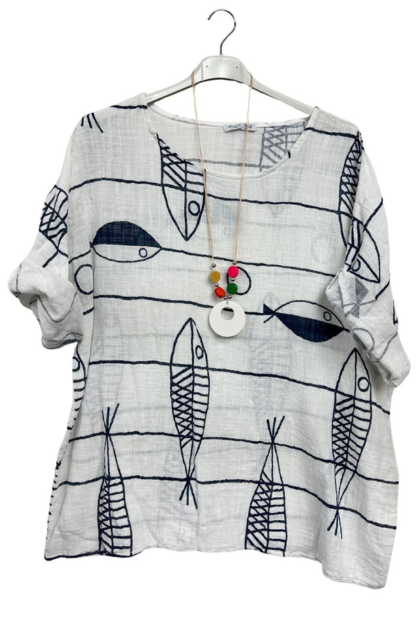 Abstract Fish Print Cotton Tunic Top
