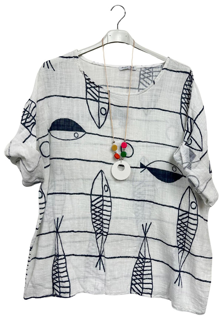 Abstract Fish Print Cotton Tunic Top