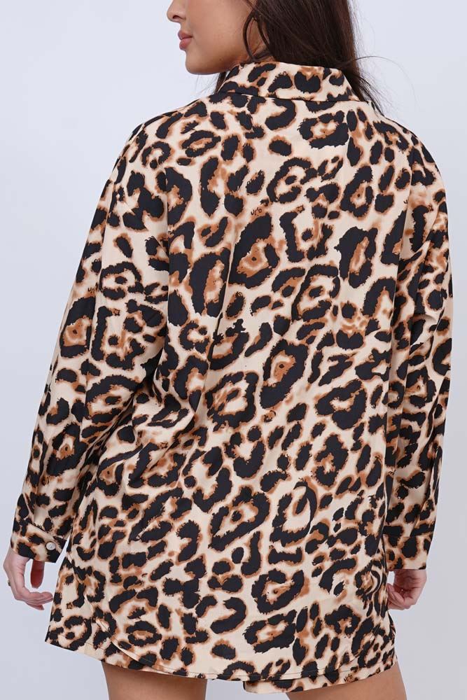 Leopard Print Button Up Shirt Elastic Waist Co-Ord Set