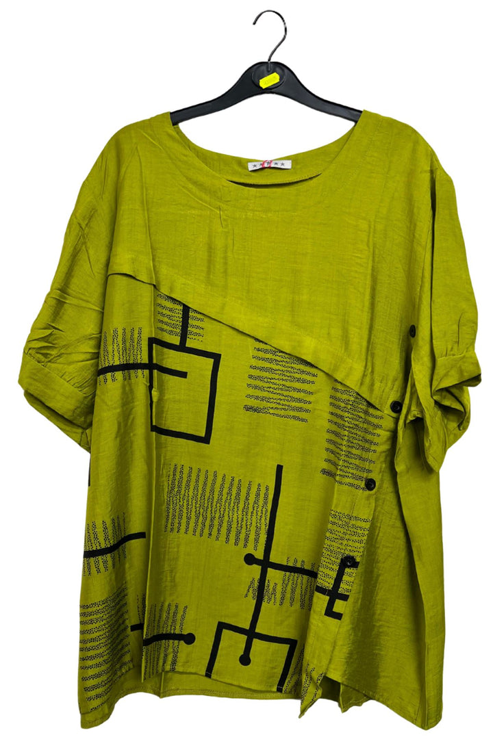 Abstract Block Print Side Button Detail Cotton Top
