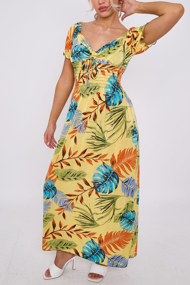 Tropical Leaves Print Drawstring Shirred Waist Dress