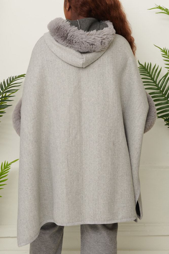 Plain Faux Fur Trim Pocket Poncho