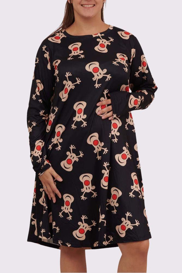 Raindeer Face Print Xmas Swing Dress