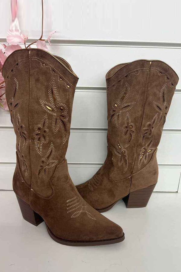 Floral Embroidery Mid Calf Block Heel Shoes