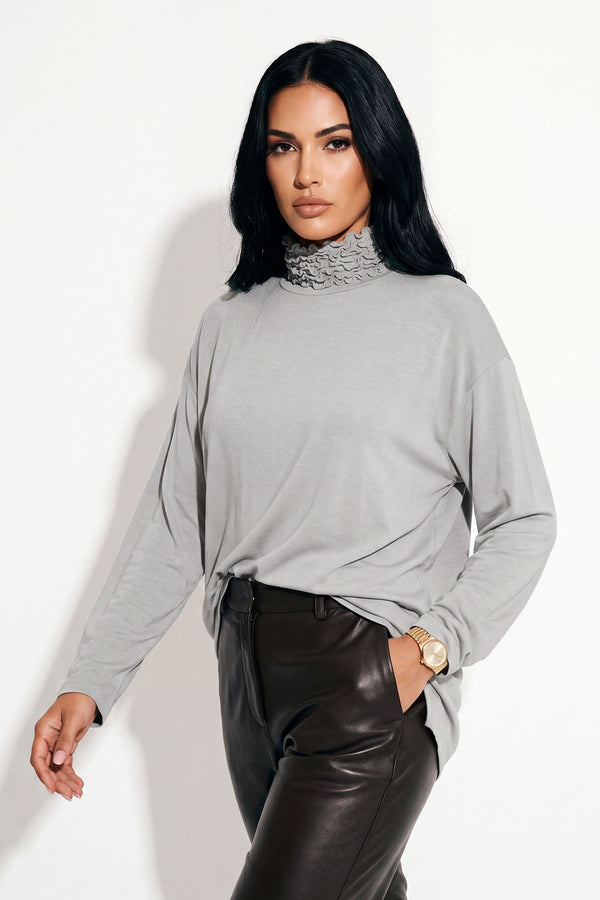 Frill neck top with ruched detail