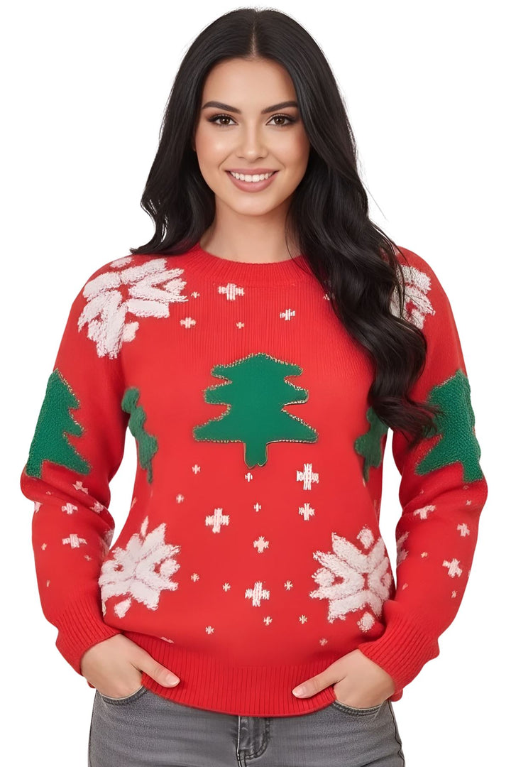 red snowflake tree ribbed christmas jumper
