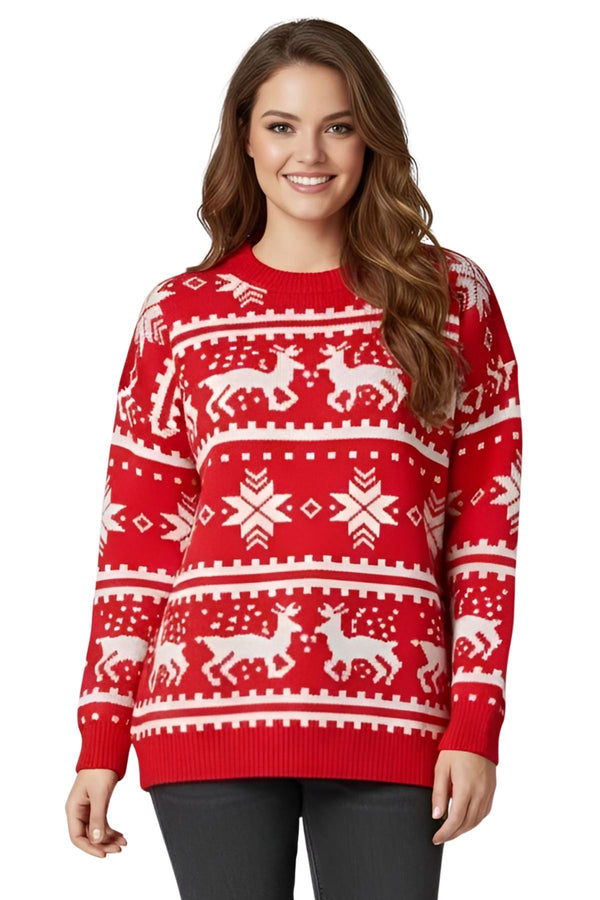 Snowflake Reindeer Pattern Xmas Ribbed Jumper
