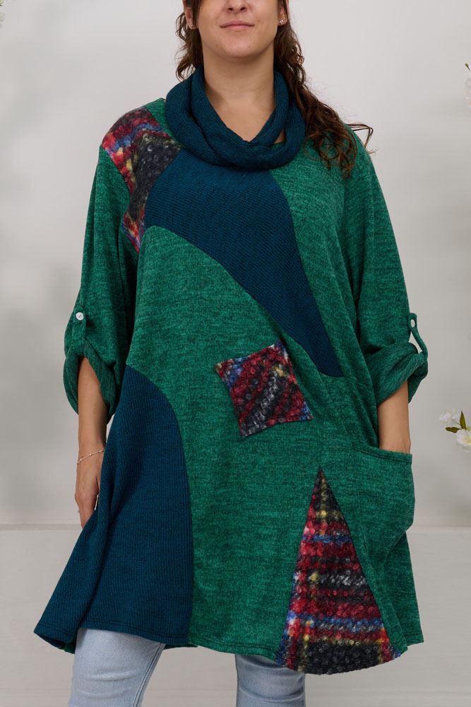 Multi Patch Work Pattern With Scarf Viscose Top