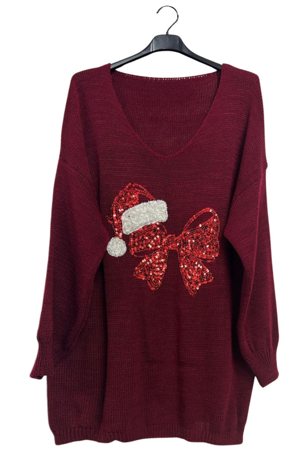 Sequin Bow Santa Hat Drop Shoulder Knitted Jumper