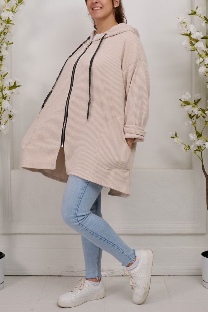 Plain Zip Up Drawstring Corduroy Hoody