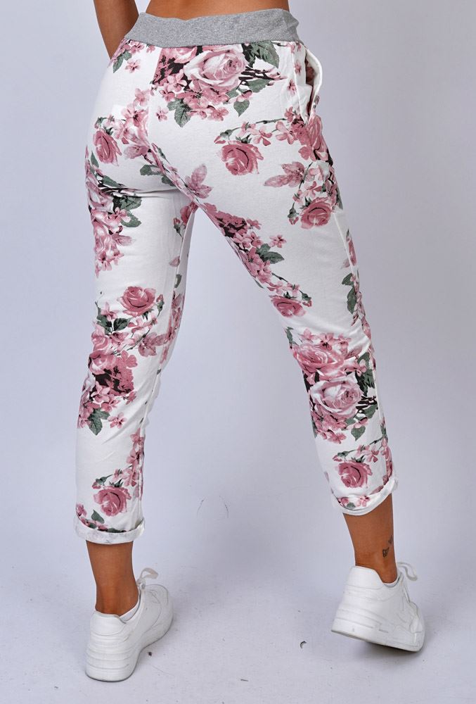 Rose Flower Print Drawstring Cotton Trousers