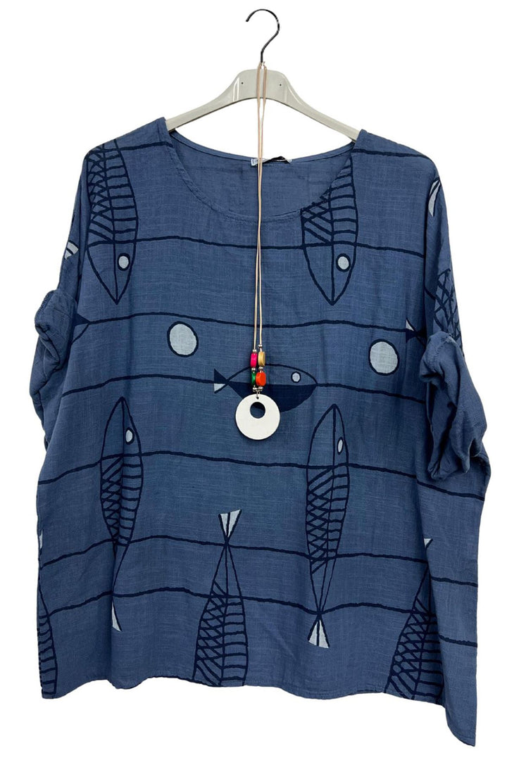 Abstract Fish Print Cotton Tunic Top