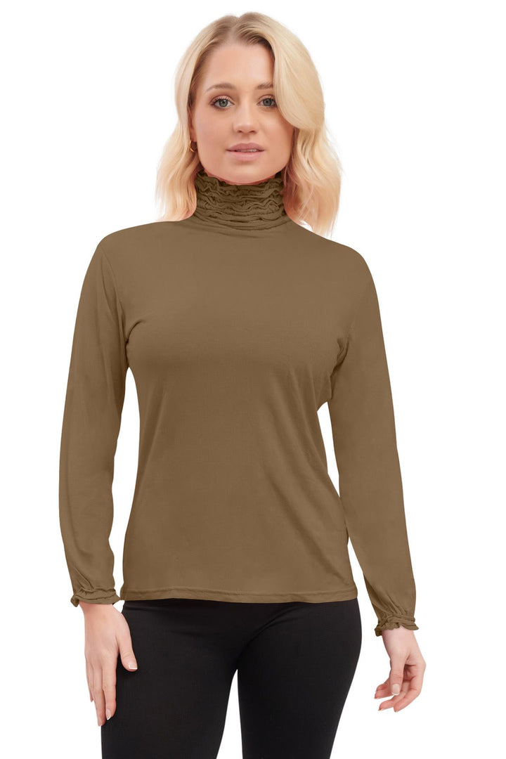 Special Price Plain Ruched Frill Roll Neck Tunic Viscose Top