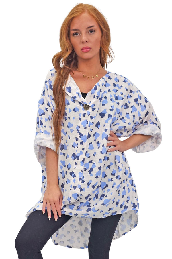 Heart Print Button-Front Detail Cotton Top