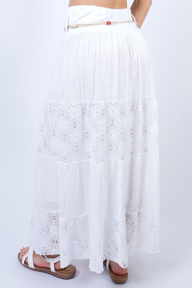 Floral Lace Pattern Drawstring Belt Cotton Skirt