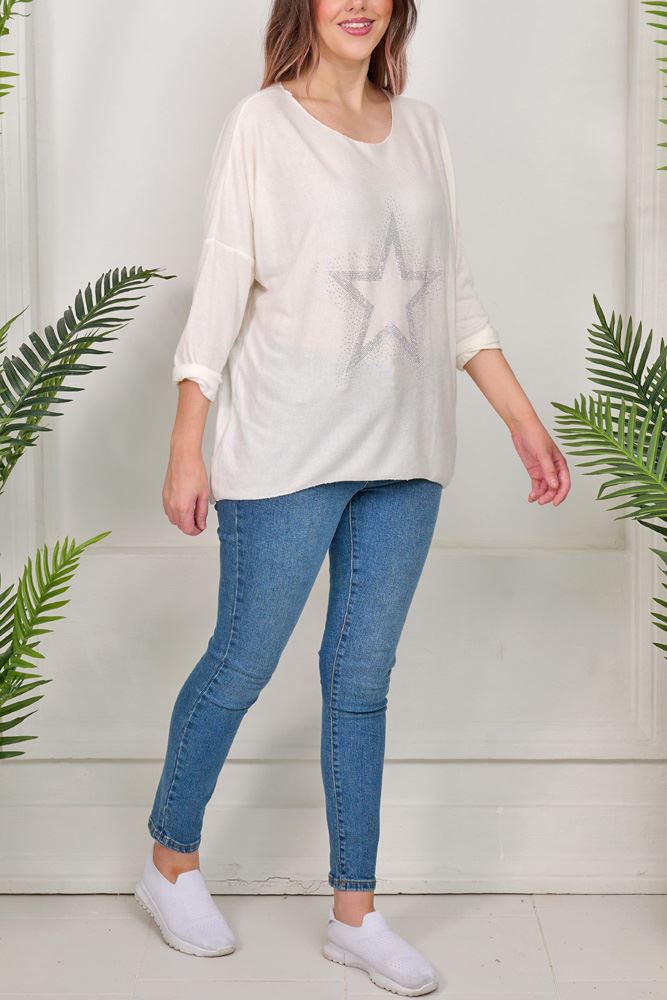 Star Diamante Motif Dipped Hem Viscose Top