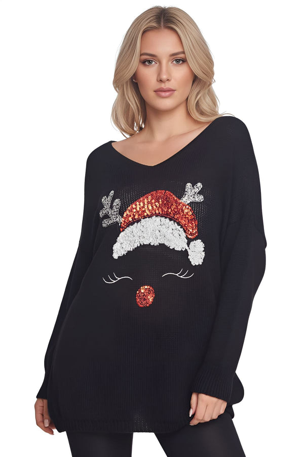 Sequin Santa Hat Pattern Knit Style Oversized Jumper