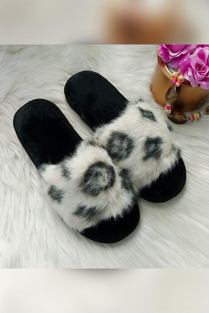 grey fluffy monogram slippers