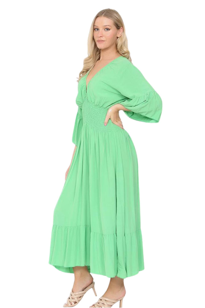 Plain Shirred Waist Flared Sleeves Maxi Dress
