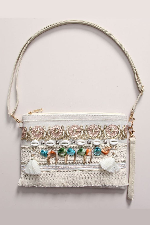 Embellished Beaded Tassel Crossbody Bag