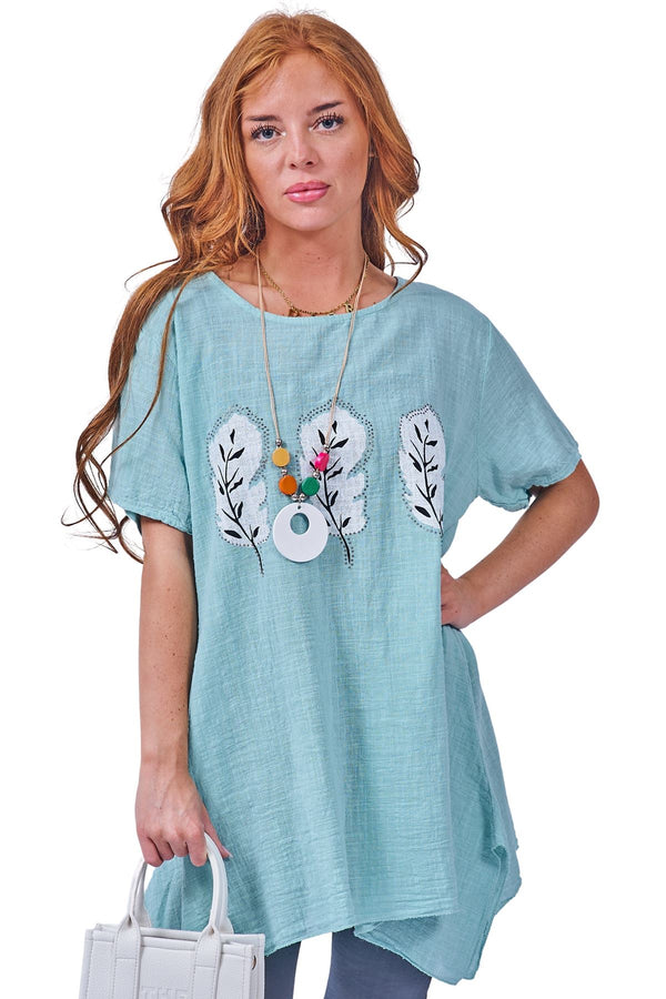 Three White Leaf Motifs Asymmetrical Hem Cotton Top