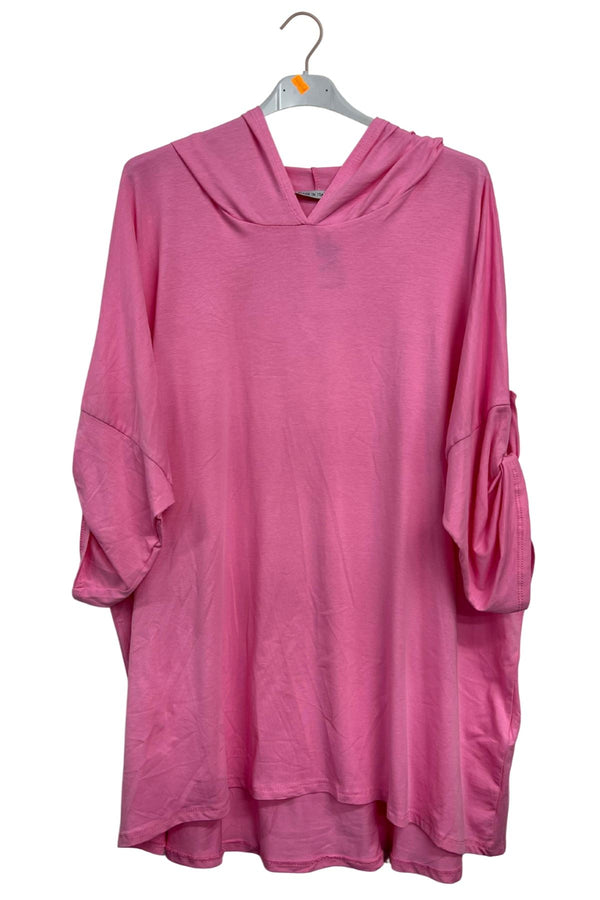 Plain Rolled Tab Sleeves Hooded Top