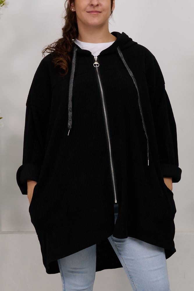 Plain Zip Up Drawstring Corduroy Hoody